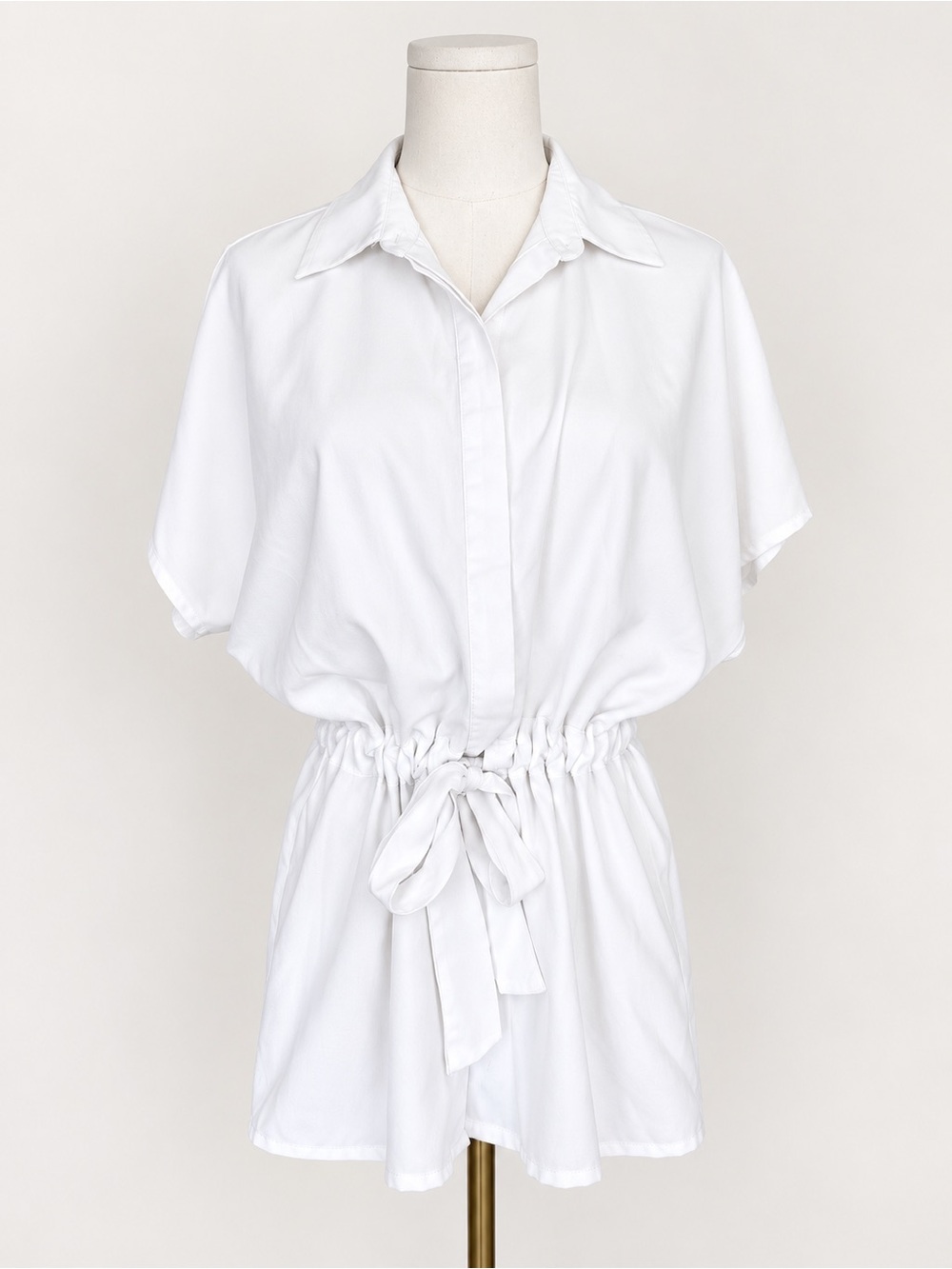 Prologue White Belted Shirt XS Dolman Sleeve Collared Mini Tunic